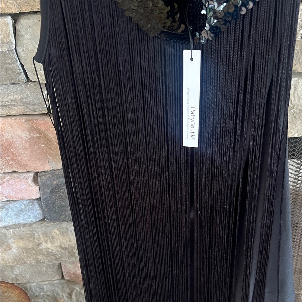 PattyBoutik Black Sequin Fringe One Shoulder Top - Picture 3 of 6